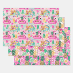 Summer Beach Pink Flamingos Ananas Lemons Geschenkpapier Set