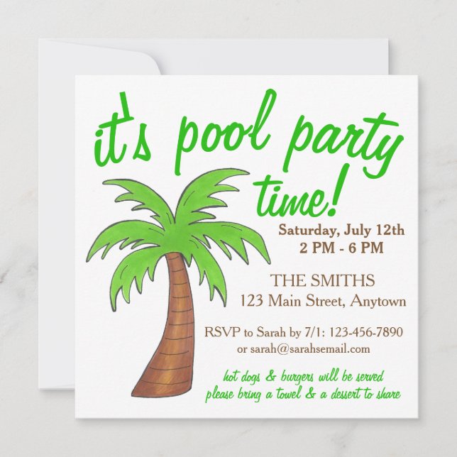 Summer Beach Pool Party Green Palm Tree Einladung (Vorderseite)