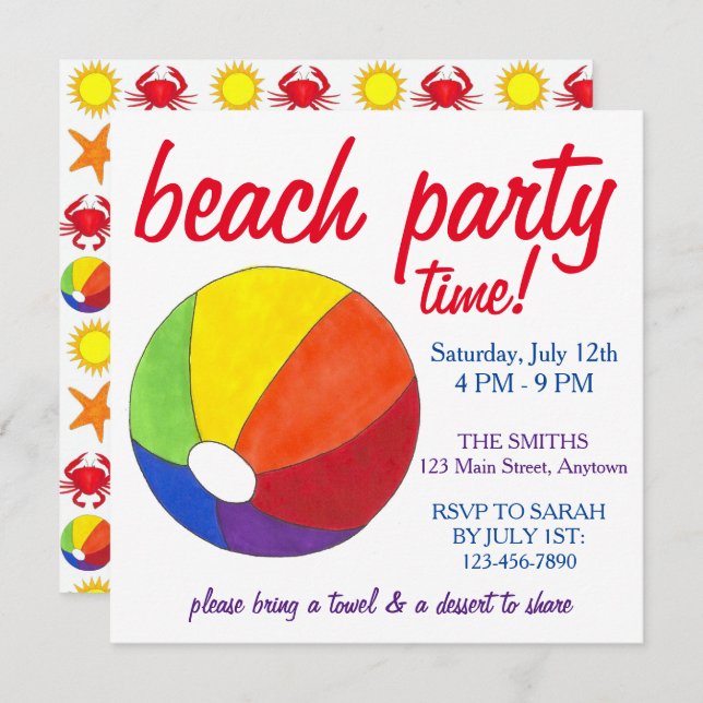 Summer Beach Pool Party Sun Beachball Crab Einladung (Vorne/Hinten)