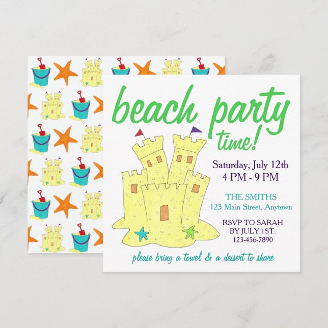 Summer Beach Pool Partys Sandcastle Starfish Einladung (Vorne/Hinten)