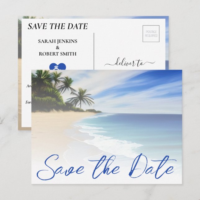 Summer Beach Sand Palm Tree Hochzeit retten das Da Postkarte (Vorne/Hinten)
