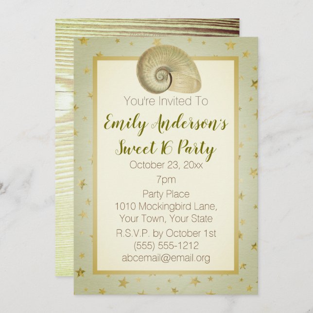 Summer Beach Seashell Rustikales Holz Süße 16 Einladung (Vorne/Hinten)