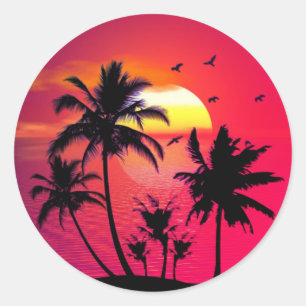 Summer Beach Sunset Palm Birds Abbildung Runder Aufkleber