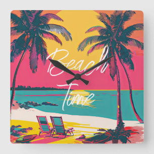 Summer Beach Time Retro Surfer Palmen Sonnenunterg Quadratische Wanduhr