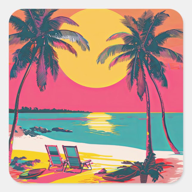 Summer Beach Vibe Retro Surfer Palmen Sonnenunterg Quadratischer Aufkleber (Vorderseite)