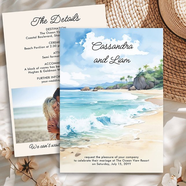 Summer Beach Watercolor Hochzeit & Details Foto Einladung (Photo Wedding Invitation and Details from the Summer Beach Wedding Collection by Darling & May)