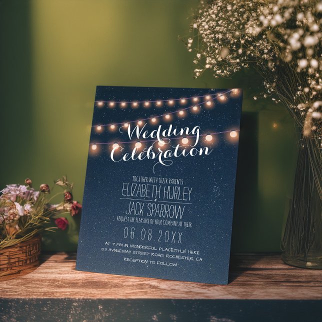 Summer Beach Wedding Starry Night and String Light Einladung (Von Creator hochgeladen)