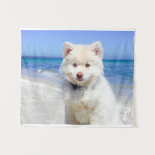 Summer Beach White Spitz Samoyed Pet Dog Canine Wandteppich