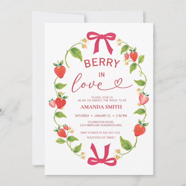 Summer Berry In Love Red Bow Bridal Shower Einladung (Vorderseite)