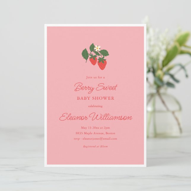 Summer Berry Sweet Strawberry Pink Baby Shower Einladung (Stehend Vorderseite)