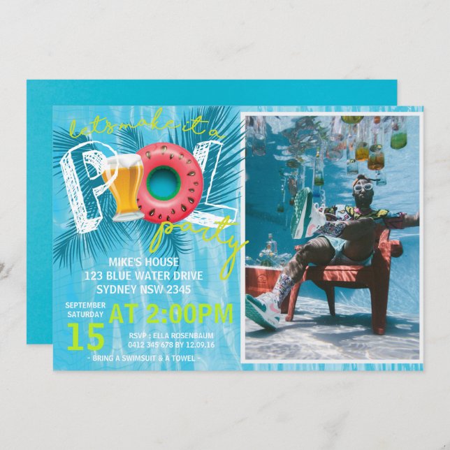 Summer Bierpool Party Foto Geburtstag Einladung (Vorne/Hinten)