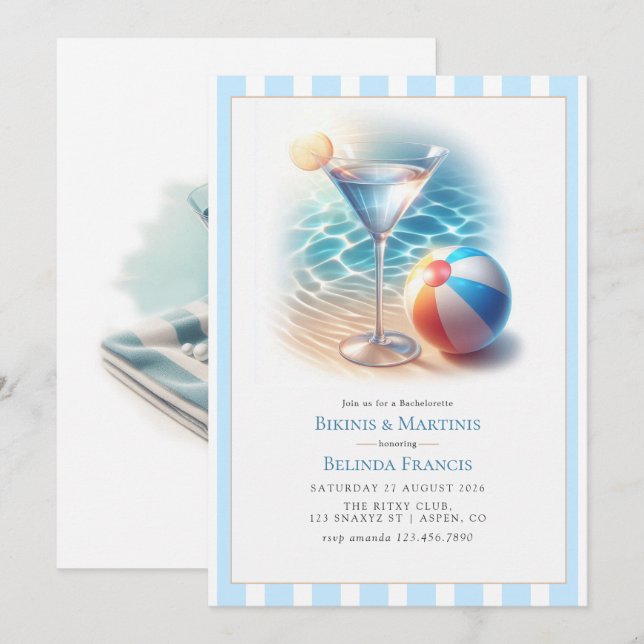 Summer Bikinis & Martinis Bachelorette Party Einladung (Vorne/Hinten)