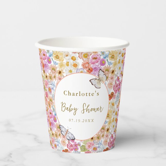 Summer Bloom Floral Butterfly Baby Dusche Custom Pappbecher (Vorderseite)
