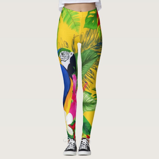 Summer Bloom Tropical Toucan Blätter Wasserfarbe Leggings (Vorderseite)