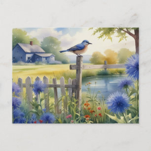 Summer Blue Bird Nature House Postcard Wasserfarbe Postkarte