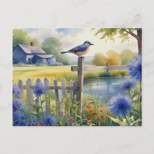 Summer Blue Bird Nature House Postcard Wasserfarbe Postkarte (Vorderseite)