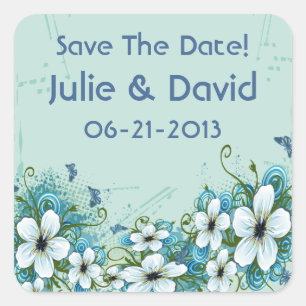 Summer Blue Floral & Butterfliegen Save the Date Quadratischer Aufkleber