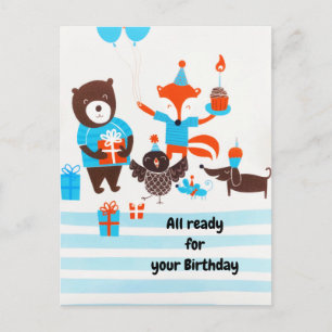 Summer Blue Forest Woodland Tiere Wasserfarbe Postkarte