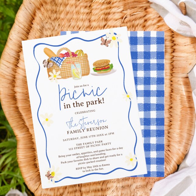 Summer blue Fun Picnic in der Parkfamilie Wiederse Einladung (Summer blue Fun Picnic in the park family reunion Invitation)