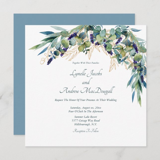 Summer Blue Green Watercolor Floral Wedding Invita Einladung (Vorne/Hinten)