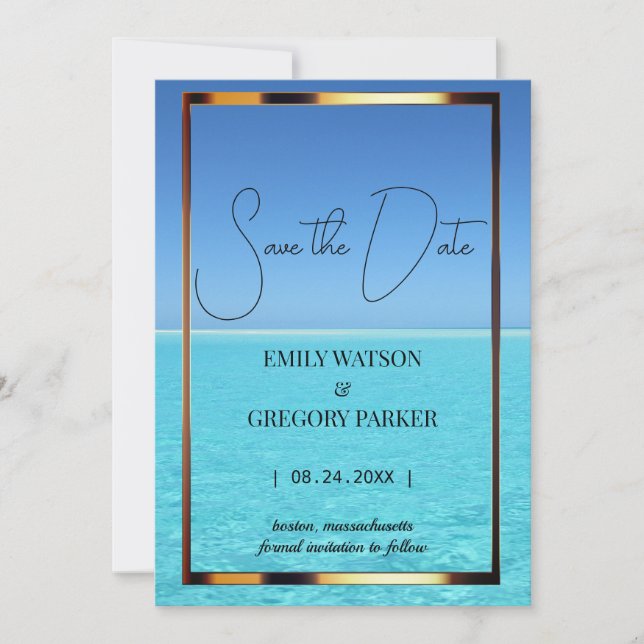 Summer Blue Ocean Beach Hochzeitseinladungen Save The Date (Vorderseite)
