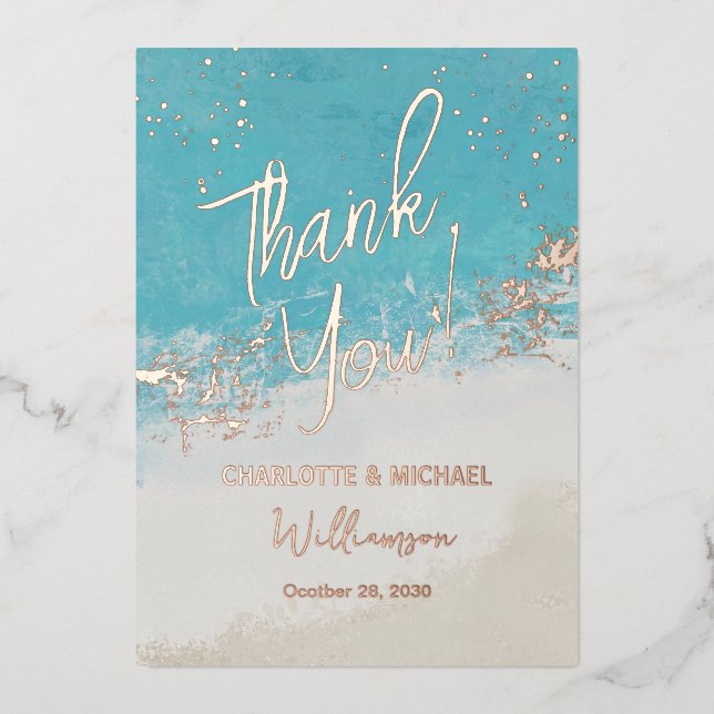 Summer Blue Ocean Foto Overlay Wedding Vielen Dank Folieneinladung (Vorderseite)