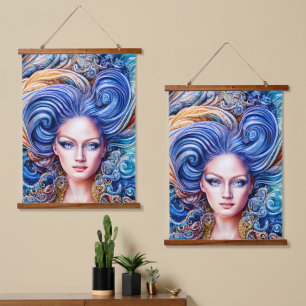 Summer Blue Ocean Wave Anime Abstrakt Girl Artwork Wandteppich Mit Holzrahmen