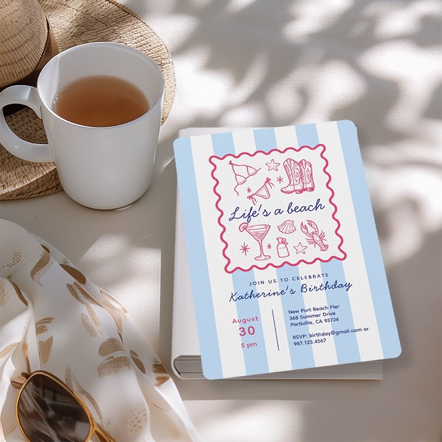 Summer Blue Stripes Beach Life Birthday Party  Einladung (Von Creator hochgeladen)