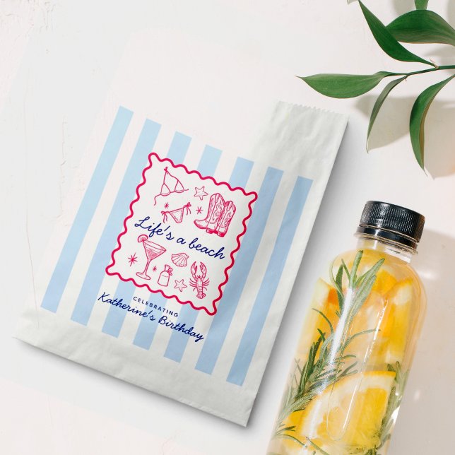 Summer Blue Stripes Pink Beach Favorites Birthday  Geschenktütchen (Von Creator hochgeladen)
