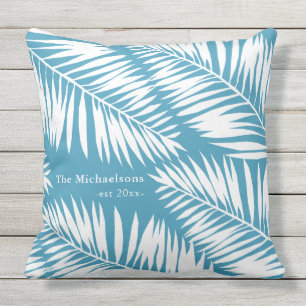 Summer Blue und White Palms mit Name und Jahr Kissen