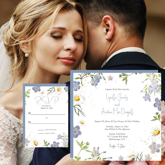 Summer Blume Blue Wedding Einladung (Summer Flowers Blue Wedding Invitation and RSVP Card)