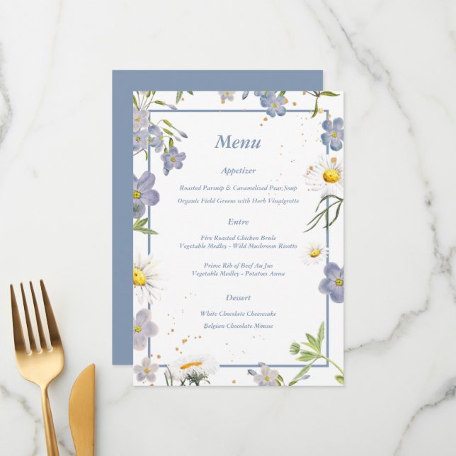 Summer Blume Blue Wedding Menu Menükarte (Vorderseite/Rückseite Beispiel)