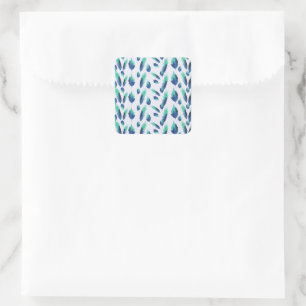 Summer Boho Blue Greenery Botanische Blätter Quadratischer Aufkleber