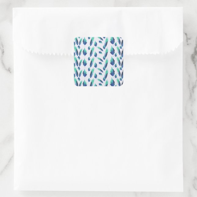 Summer Boho Blue Greenery Botanische Blätter Quadratischer Aufkleber (Tasche)
