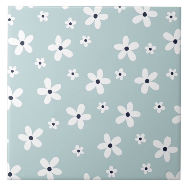 Summer Boho Blue White Daisy Blume Fliese (Vorderseite)