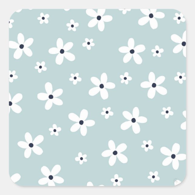 Summer Boho Blue White Daisy Blume Quadratischer Aufkleber (Vorderseite)