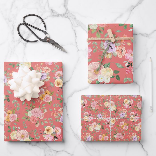 Summer Boho Floral on Dark Coral Pink Geschenkpapier Set (Vorderseite)