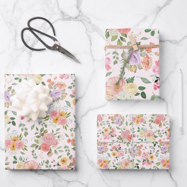 Summer Boho Floral on Off White Geschenkpapier Set (Vorderseite)