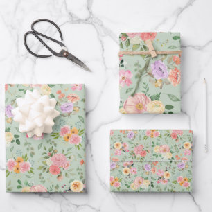 Summer Boho Floral on Sage Green Geschenkpapier Set