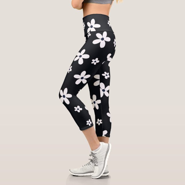 Summer Boho Schwarz-weiß Daisy Blume Capri Leggings (Links)