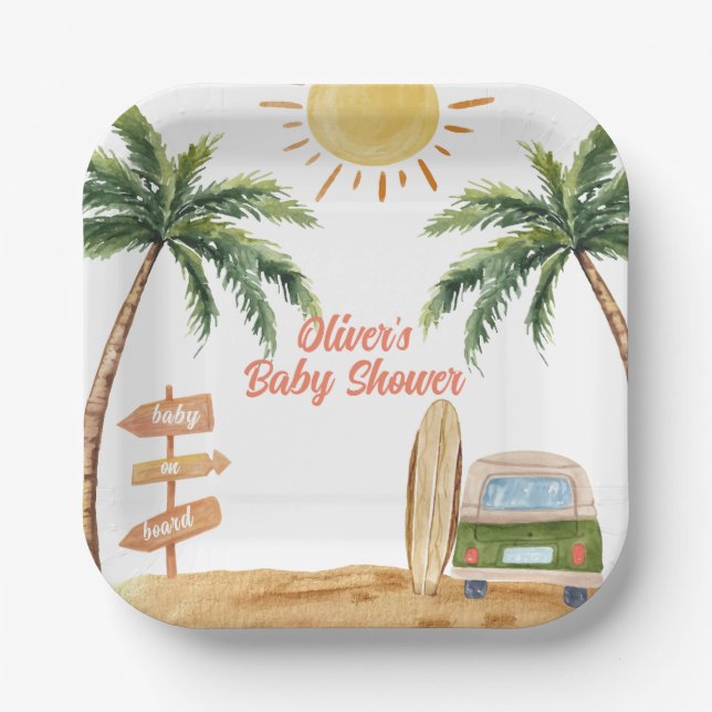 Summer Boho Surf Beach Van Baby Dusche Pappteller (Vorderseite)