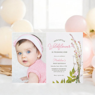 Summer boho Wildblume Drehbuch Foto 1. Geburtstag Einladung