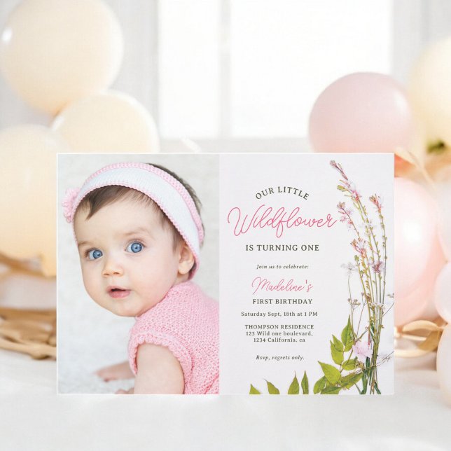 Summer boho Wildblume Drehbuch Foto 1. Geburtstag Einladung (Summer boho wildflower script photo 1st birthday invitation)