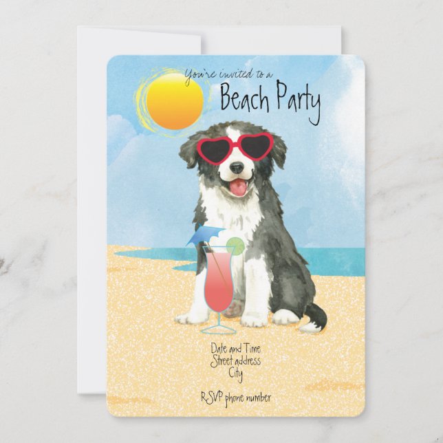 Summer Border Collie Beach Party Einladung (Vorderseite)