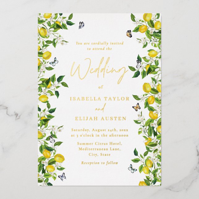 Summer Botanical Lemon Wedding Gold Folieneinladung (Vorderseite)