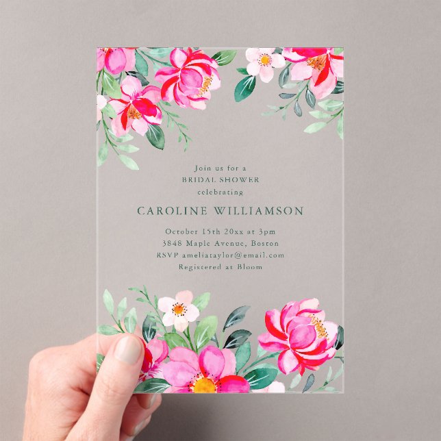 Summer Bright Pink Watercolor Floral Bridal Shower Acryleinladungen (Insitu (Handheld))