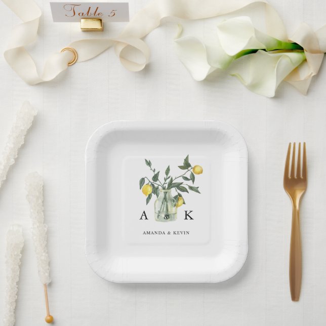 Summer Citrus Lemon Greenery Monogram Wedding Pappteller (Hochzeit)