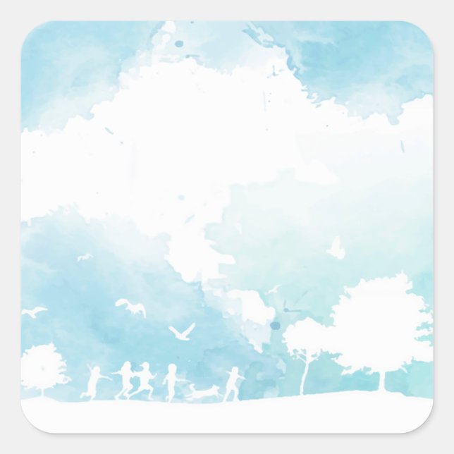 Summer Clouds Blue Sky Kinder Wasserfarbe spielen Quadratischer Aufkleber (Vorderseite)