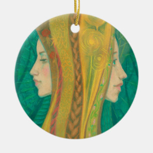Summer Dryad Girls Forest Fantasy Art Green Yellow Keramik Ornament