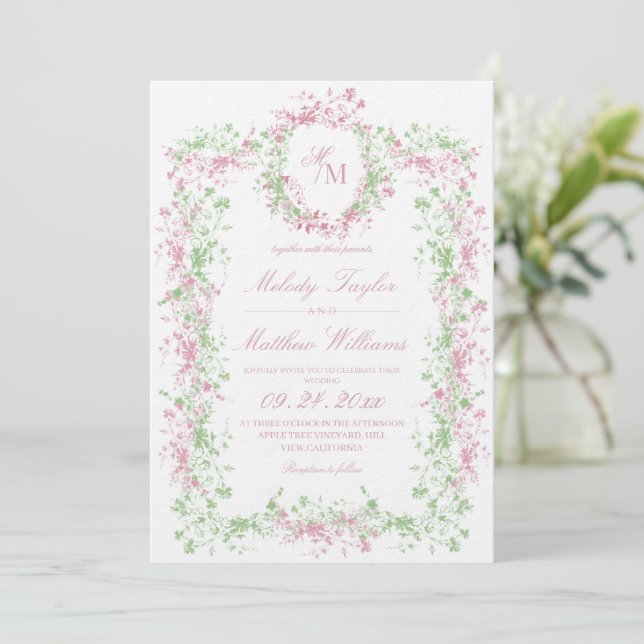 Summer Elegant Floral Monogram Wedding Einladung (Stehend Vorderseite)